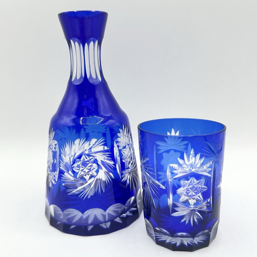 Bohemian Blue Cobalt Crystal Tumble Up Water Cup Decanter Set